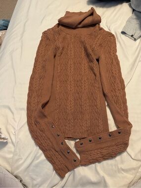 Free People Cognac Cable Knit Turtleneck Sweater